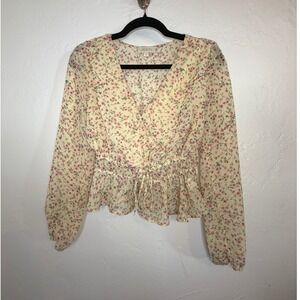 London Rose Top Medium Cream Pink Floral Faux Wrap Peplum Long Sleeve Medium